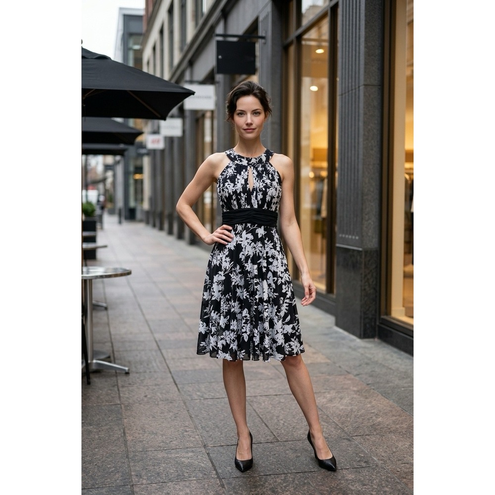 Jessica Howard Black White Floral Halter Sequin Keyhole Cocktail Dress 8P